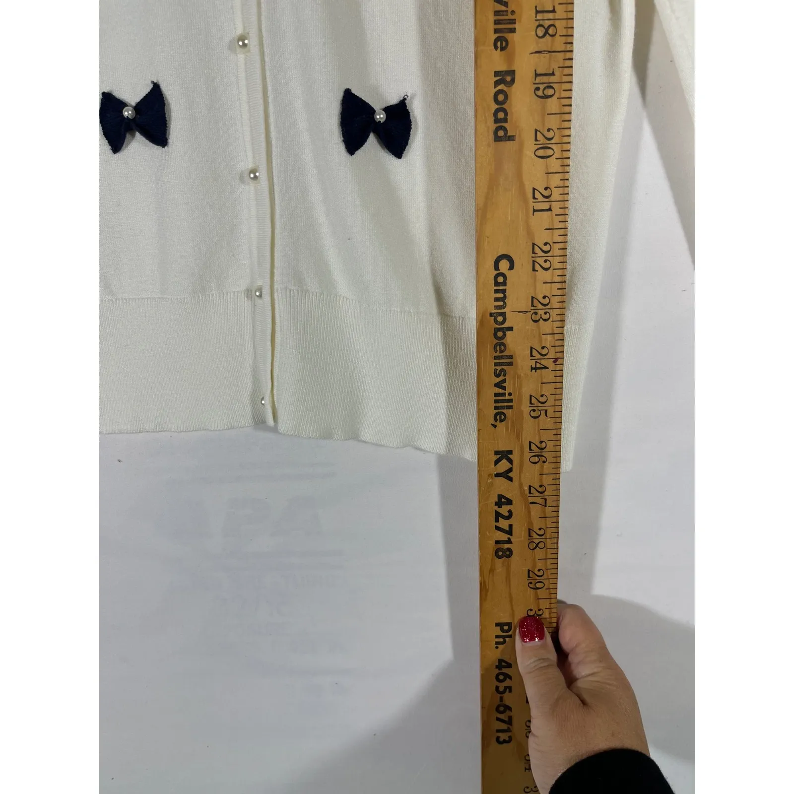 Charter Club Women Knit Cardigan Navy Bow Pearl Button Preppy Feminine White M - Image 9