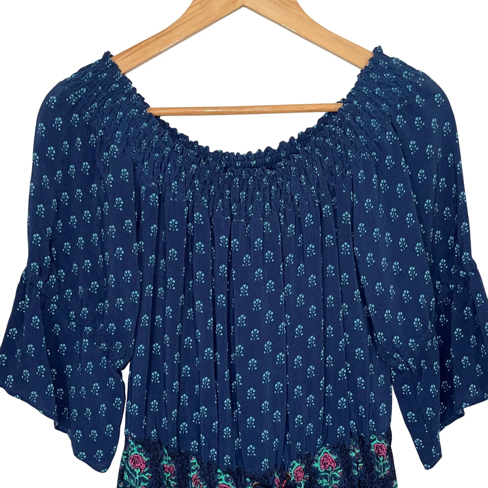 Anthropologie Boho Romper Off Shoulder‎ Floral Print Drawstring Waist Navy XS - Image 4