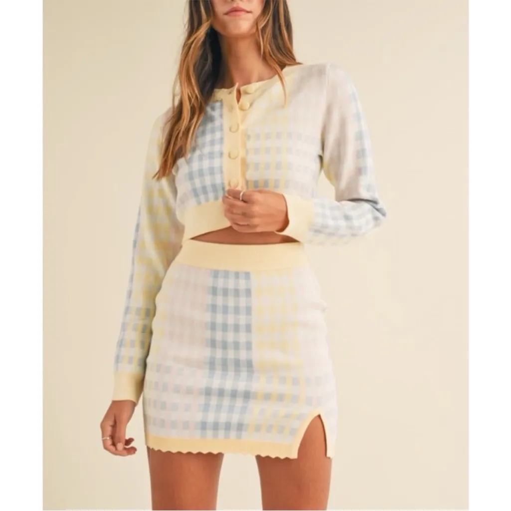 Plaid Pastel cardigan & skirt set. M/L Blue Size M - Image 7
