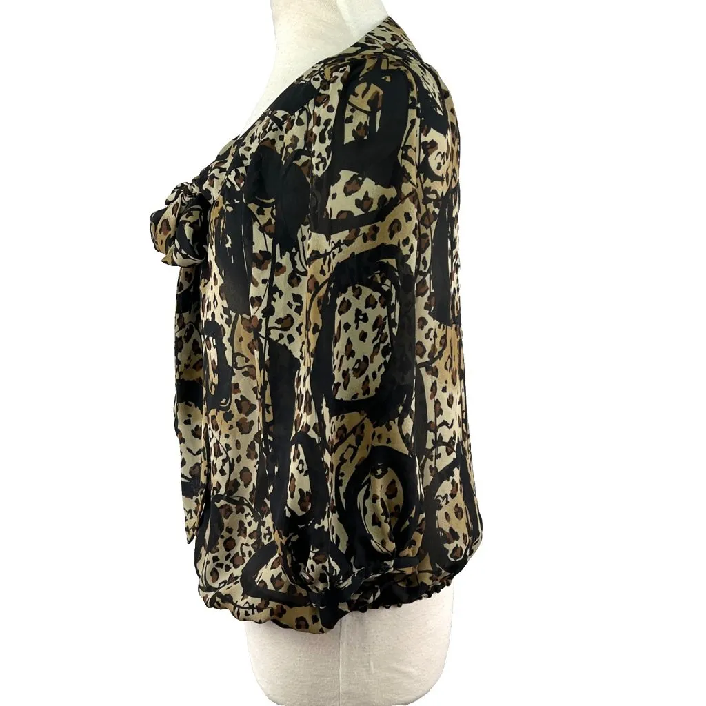 Allison Taylor Size Small Brown Leopard Sheer Button Up Bow Top Blouse - Image 4