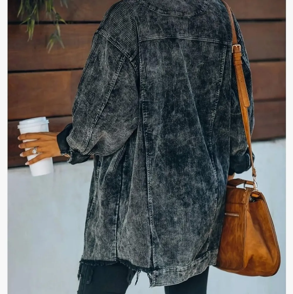 Oversized Button Down Corduroy Shirt Jacket washed Retro size Small new Black - Image 2