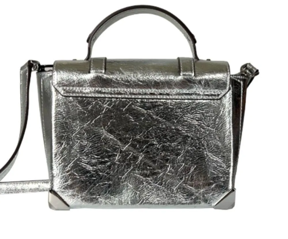 Manhattan Medium Crackled Metallic Leather Satchel Silver - Image 6