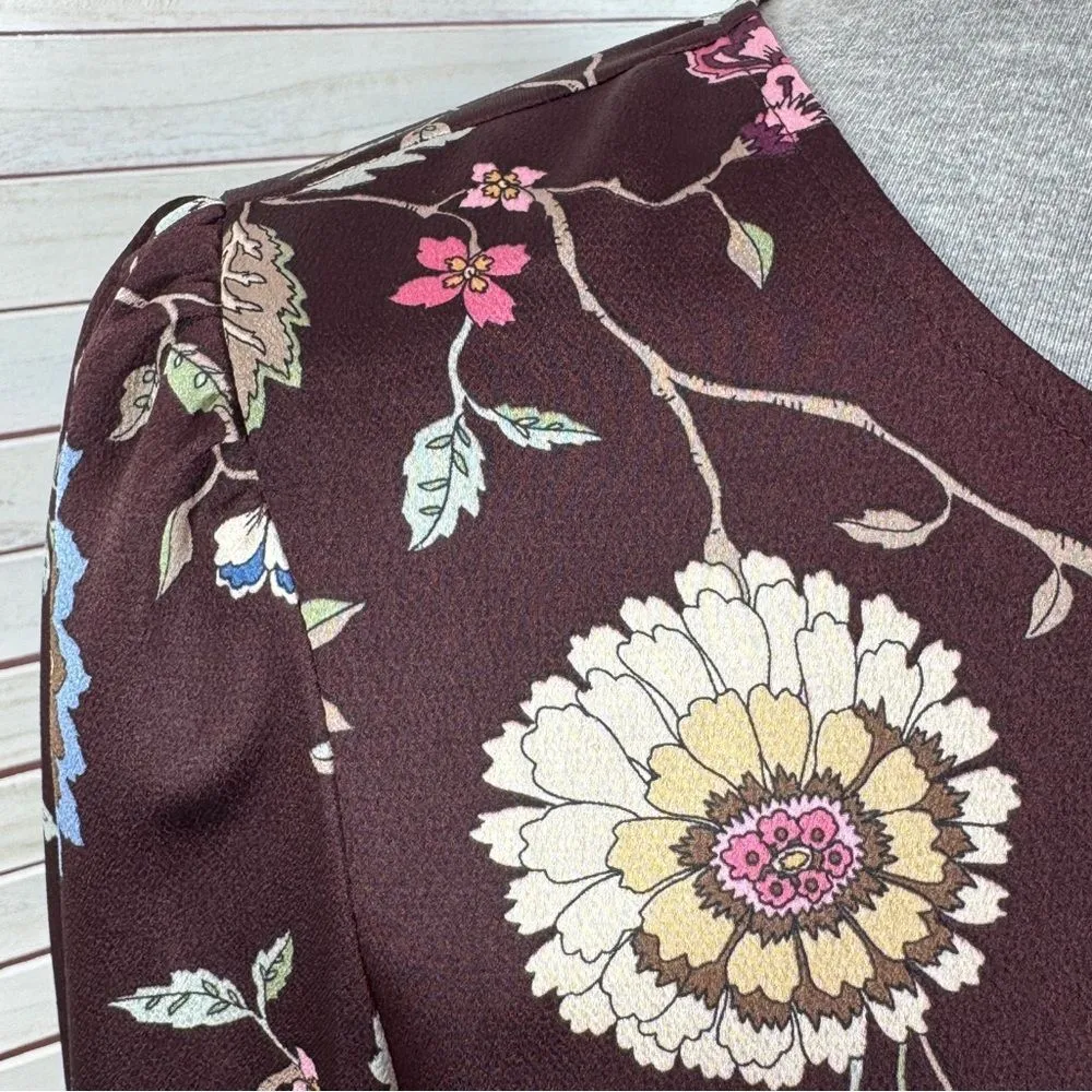 Vince Camuto Floral Puff Sleeve Button‎ Front Blouse Brown Pink Small Wildflower - Image 6