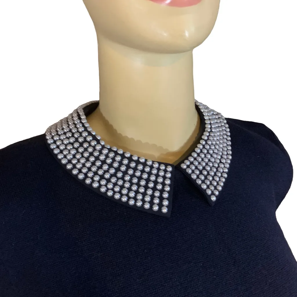 TALBOTS NAVY BLUE W/FAUX PEARL PETER PAN COLLAR COTTON BLEND SWEATER (LP) - Image 6