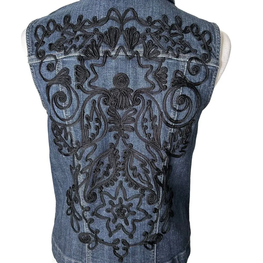 Chico's BOHO Western Denim Vest Jacket‎ Size S Blue Embroidered Festival Buttons - Image 6