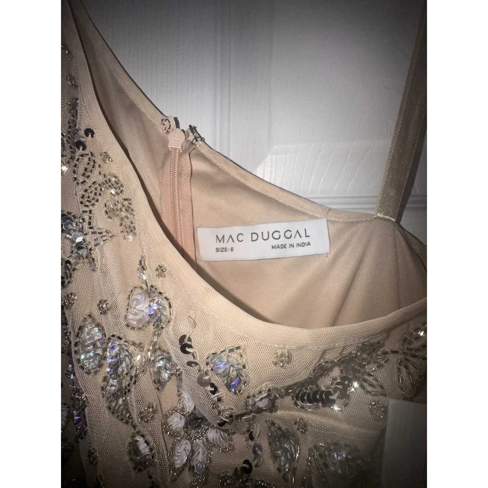 MAC DUGGAL Floral Beaded Embellished One Shoulder Draped Gown Nude Silver Sz 6 - Image 5