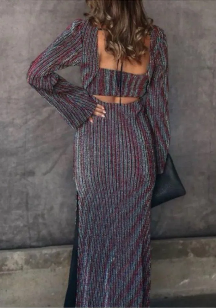 Dee Elly Metallic Stripe Cutout Back Long Bell Sleeve Maxi Dress Multicolor M - Image 3