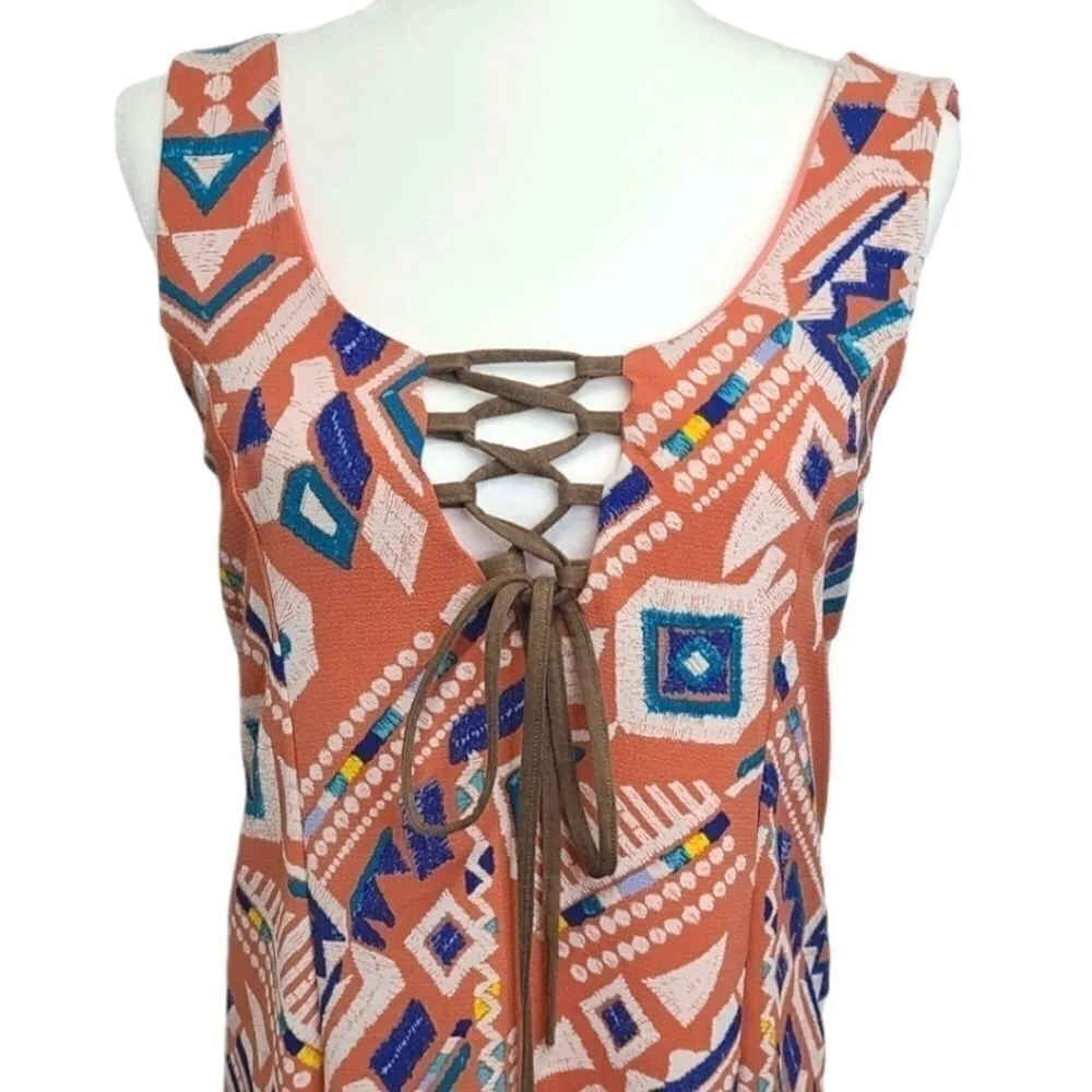 Judith March Tribal Lace up Sleeveless Mini Orange/Blue Size Small‎ - Image 6