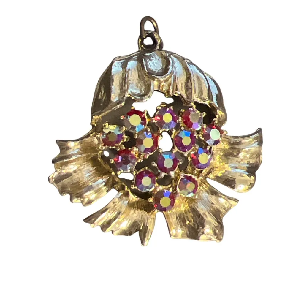 Vintage Floral Pendant Pink Red Aurora Borealis Rhinestones Gold Tone Estate - Image 3