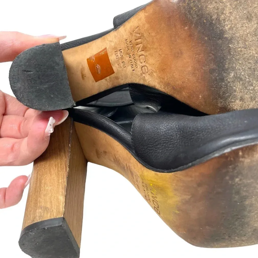 Vince Addie Cutout Black Leather‎ Sandal Wood Heels Size US 8 - Image 13