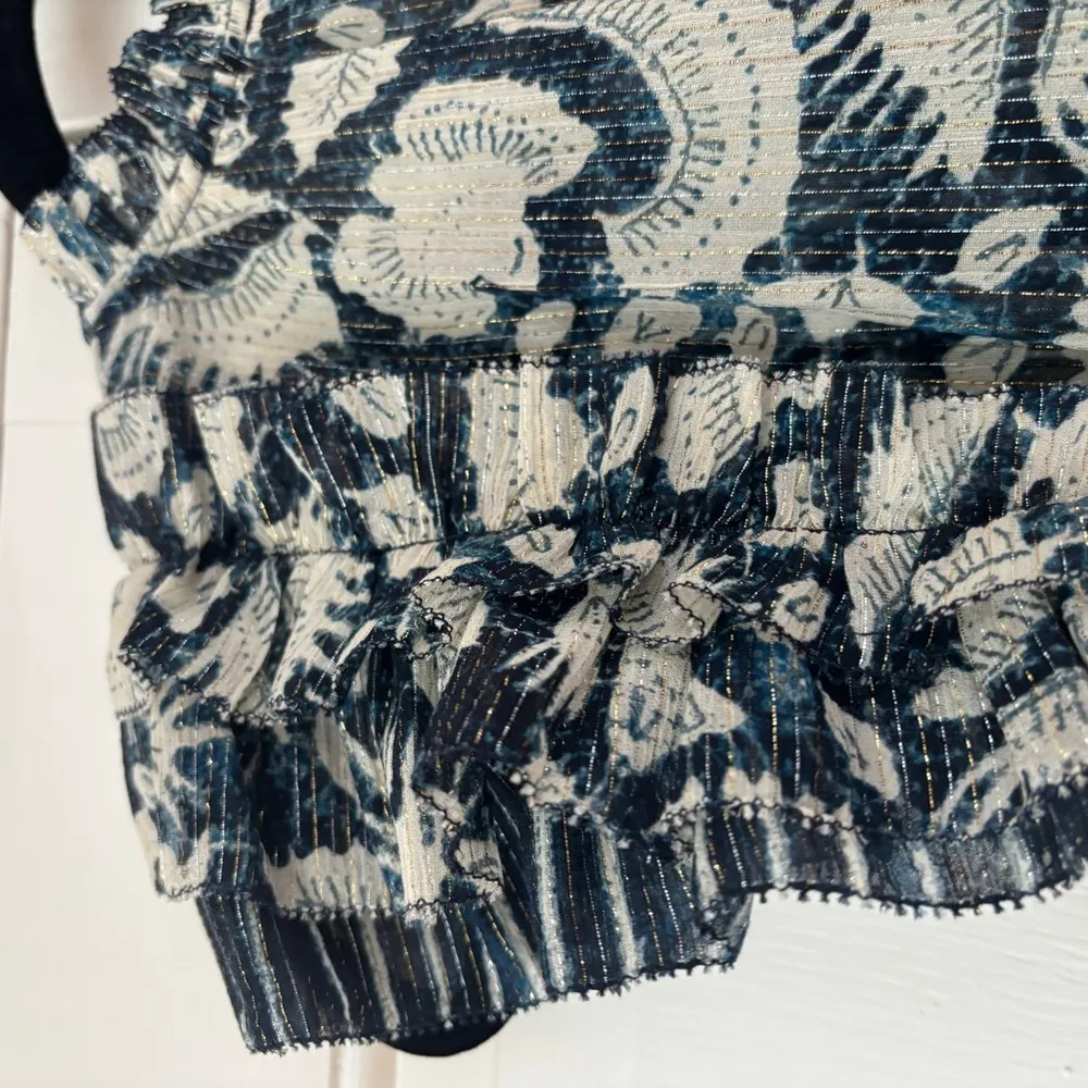 ULLA JOHNSON Dira Top Indigo Metallic Ruffle Size 0 Flutter Sleeve Tassel Tie - Image 13