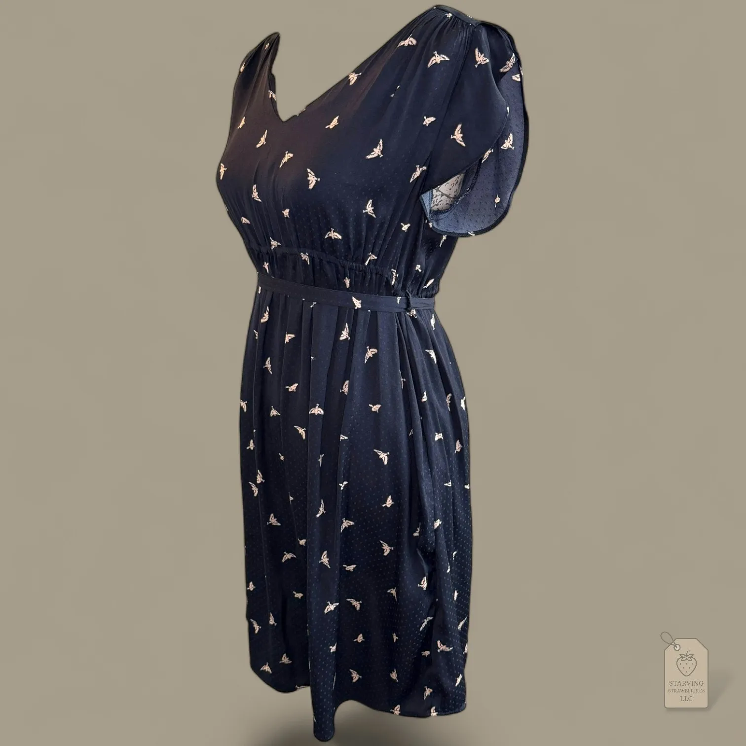H&M Mama Navy Bird Print Dress | Flutter Sleeve Belted V-Neck | Maternity Small - Image 5