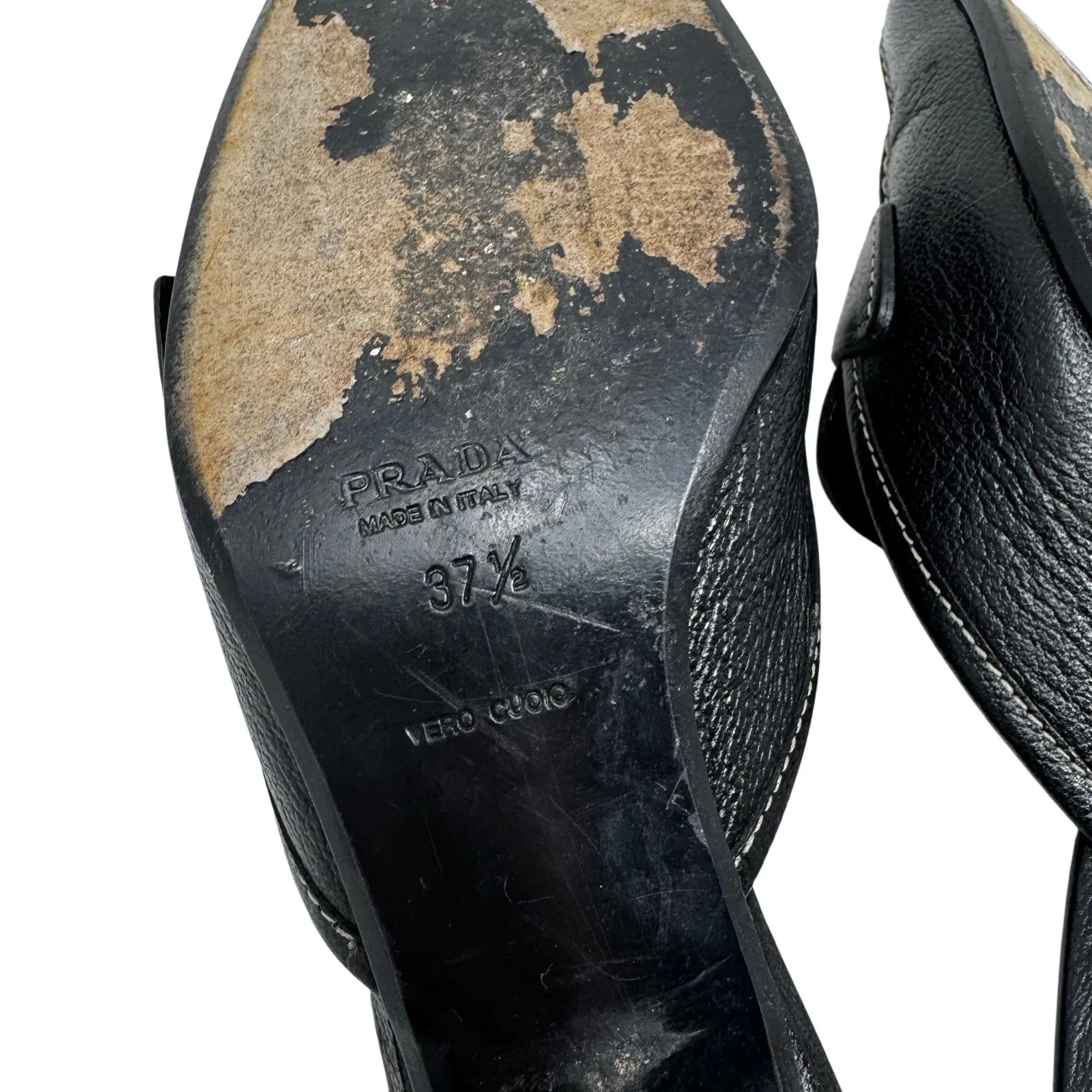 Prada Black Leather Buckle Mule Heels 37.5 Vintage Slip-On Kitten Heel Sandals - Image 8