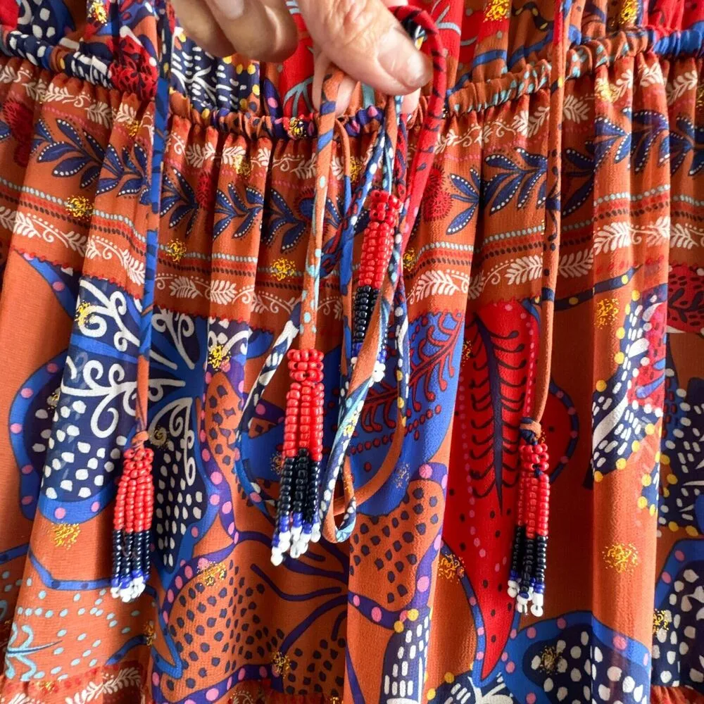 House of Harlow Maxi Tiered Floral Rustic Boho Long Sleeve Dress Size Small Orange - Image 9