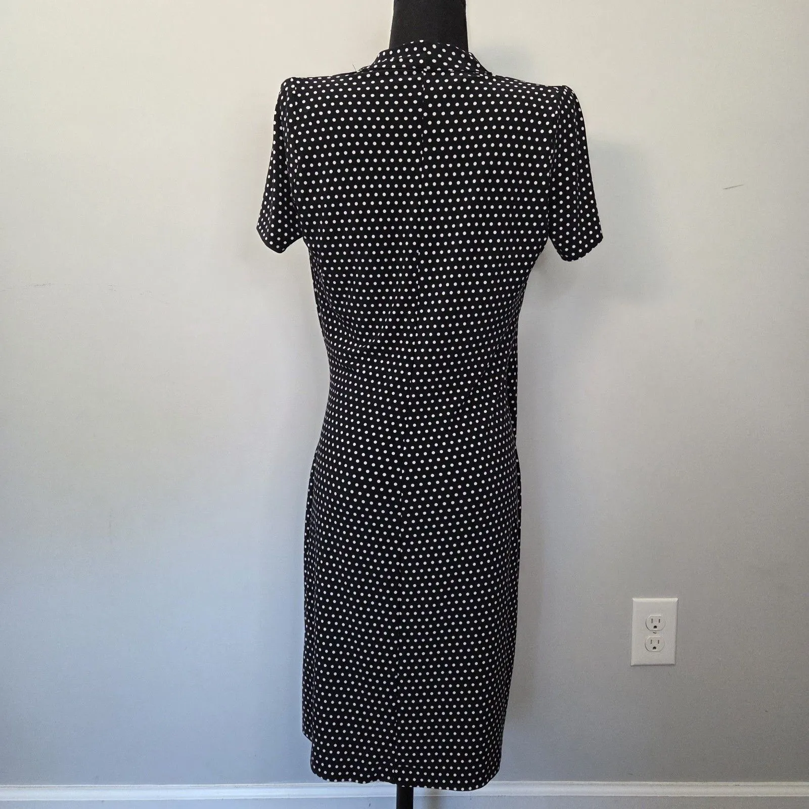Norma Kamali Black White Polka Dot Faux Wrap Jersey Knit Fitted Sheath Dress S - Image 4