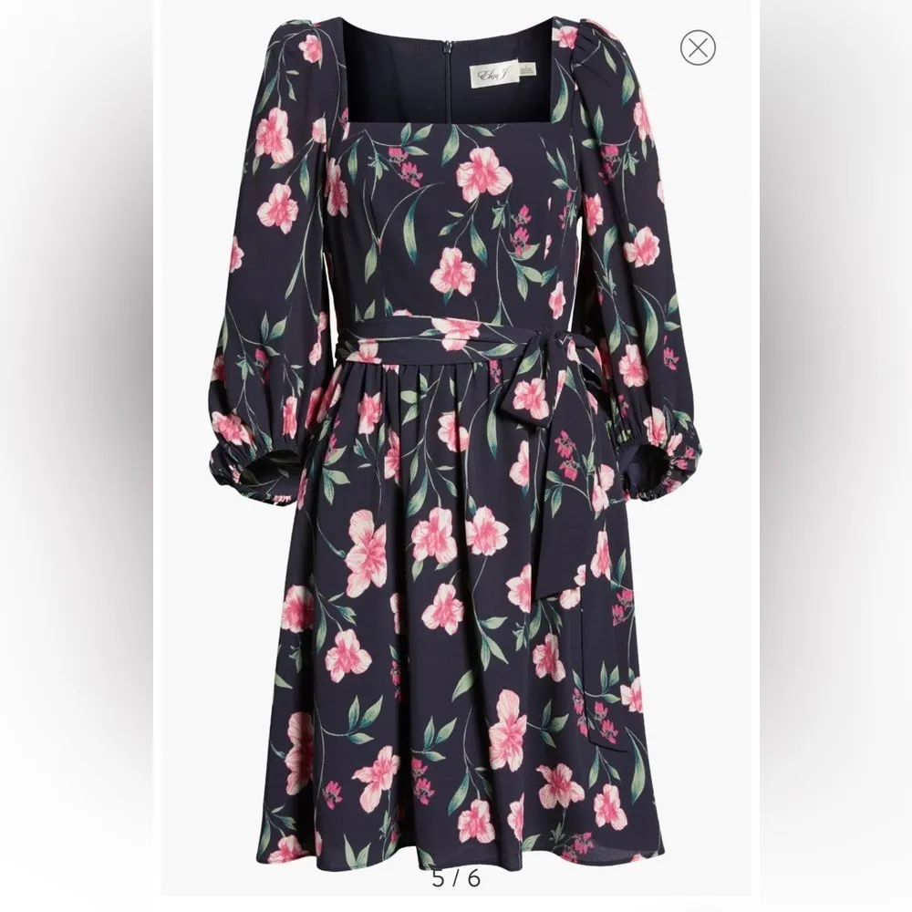 Eliza J Womens Black Floral Mini Dress 14 Square Neck Chiffon Boho Flounce - Image 3