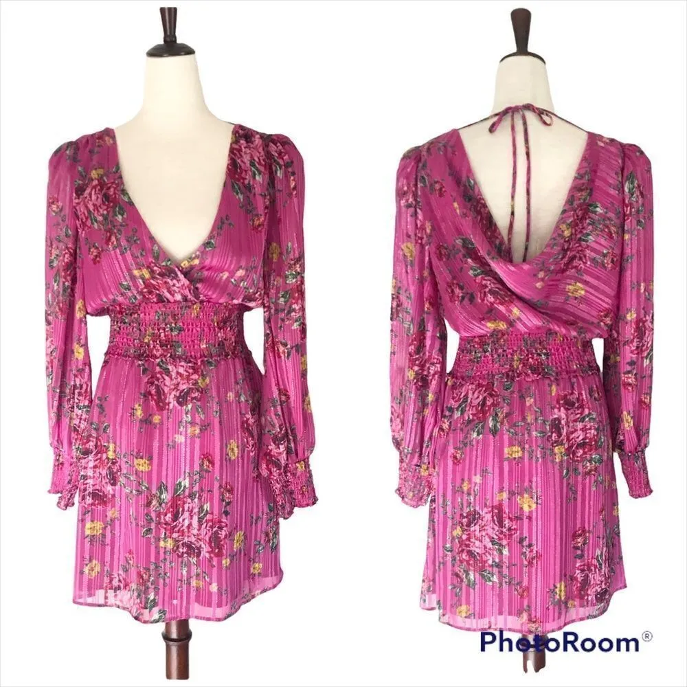 WAYF Pink Floral Long Sleeve‎ Mini Dress Cocktail Party Low Back Satin XS New - Image 2
