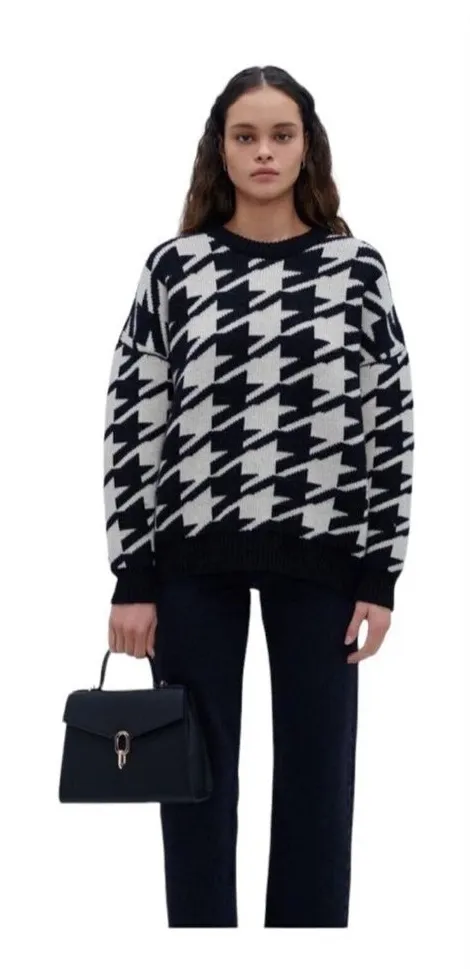 Sandro Houndstooth Sweater Black White Chunky Knit Oversized Women Medium Wool - Image 1