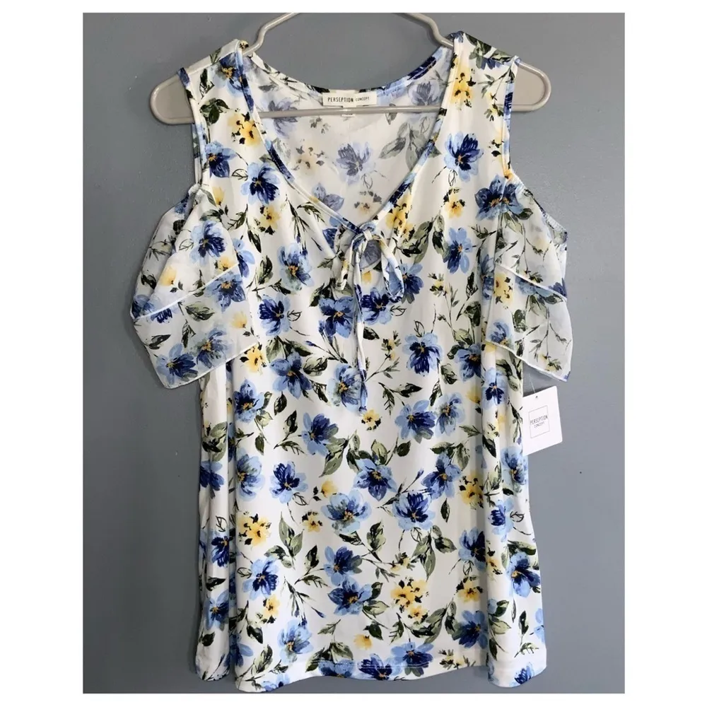 Cable & Guage 2Pc Set~Lg Blue Sweater Cardigan & XL Blue & Yellow Floral Blouse - Image 10