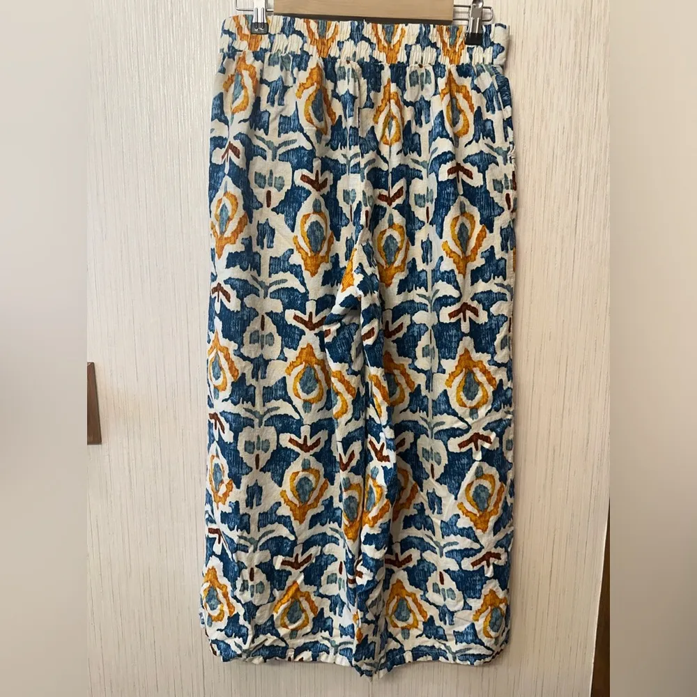 Christian Siriano Linen Wide Leg Crop Pants Womens M Blue Orange Bohemian Print Size M - Image 2