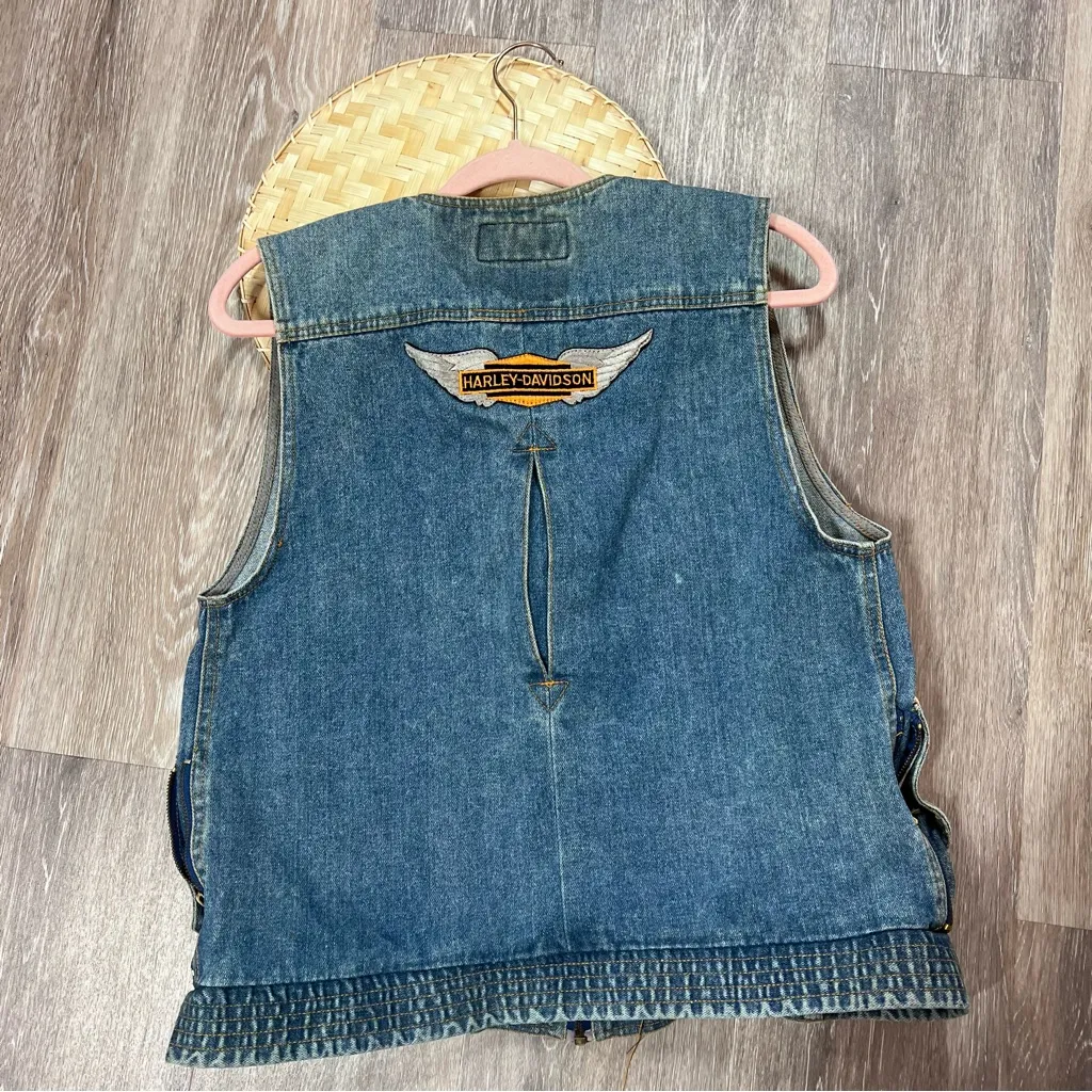 Vintage Harley‎ Davidson patchwork denim vest motorcycle Blue Size L - Image 6