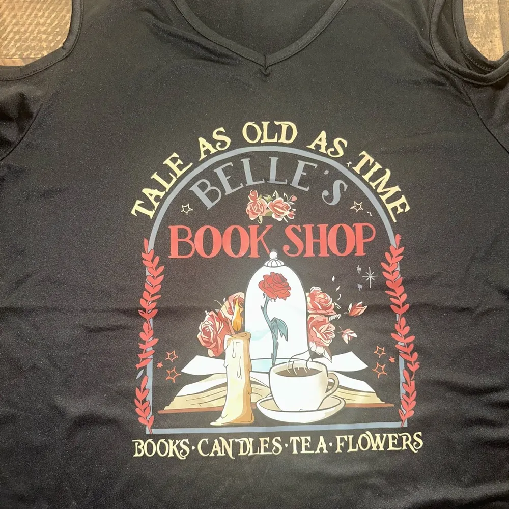 Women’s 2XL Black Belle's Book Shop Graphic Tee with Cute Beauty Pin - Image 2