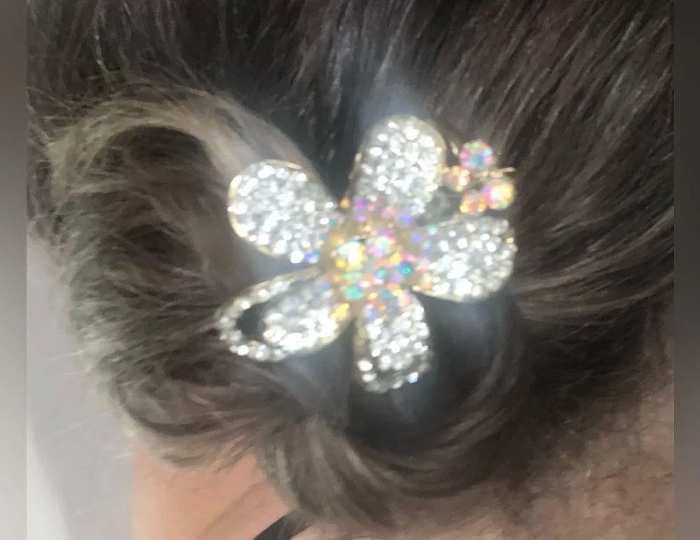 Flower w/small butterfly gold with crystals picks up multi colors hair claw clip - Image 4