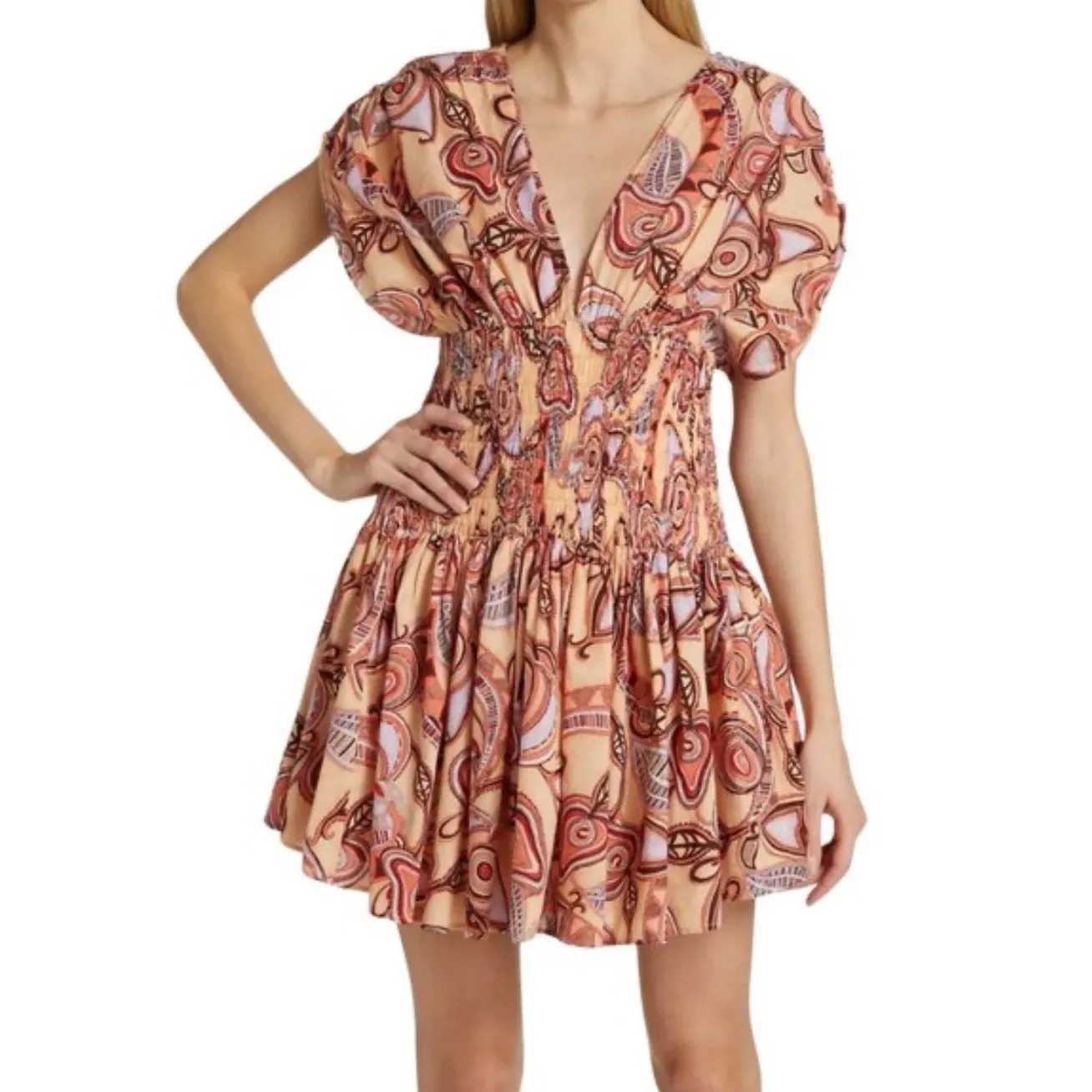 A.L.C. Mini Dress Luna Smocked Peach Multicolor Fit and Flare 100% cotton size 2 - Image 2