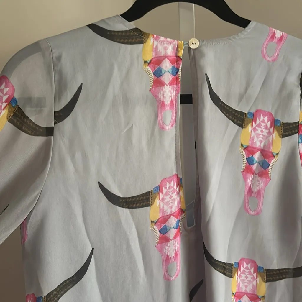 SHOW ME YOUR MUMU Donna Michelle Longhorn Skull Balloon Sleeve Tunic Dress Sz S - Image 6