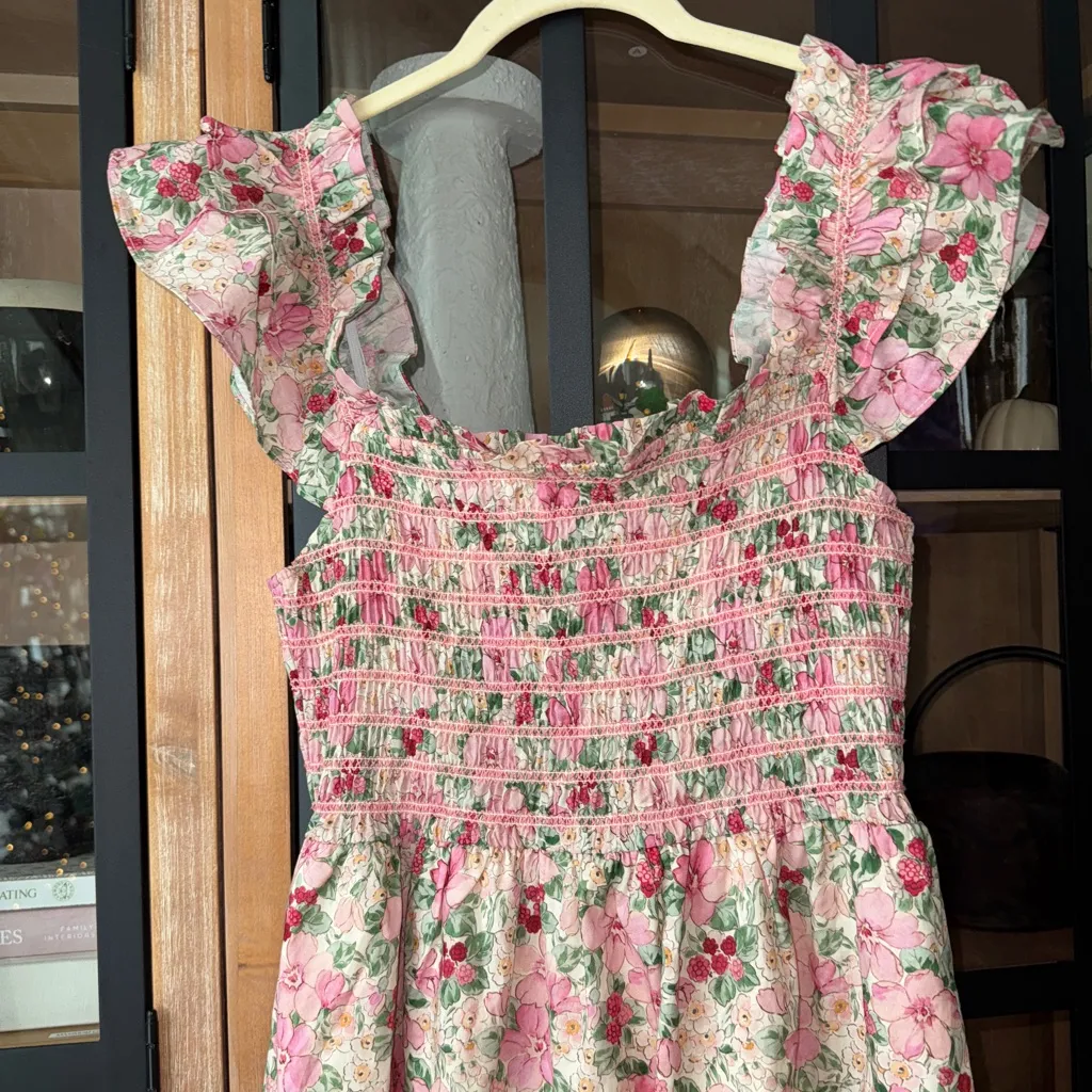 Smocked floral Nap dress midi embroidered tiered ruffle flutter hill house - Image 2