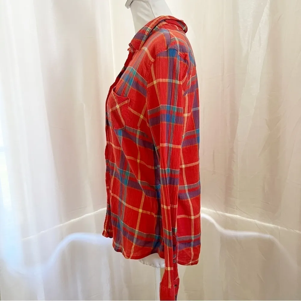 Merona women's size L top orange multicolor plaid LS collared button up EUC - Image 2