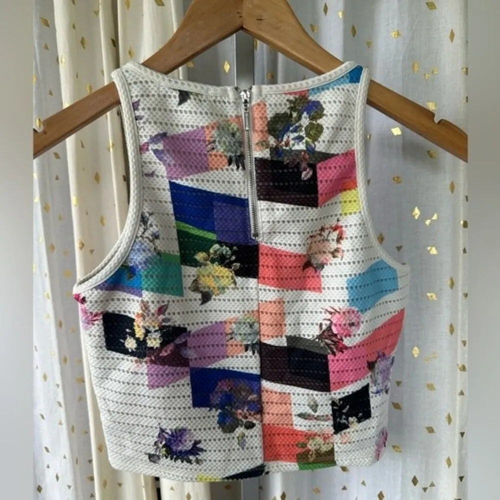 Bar III Y2K Floral Color Block Mod Artsy Retro Perforated Crop Tank Top XS - Image 4