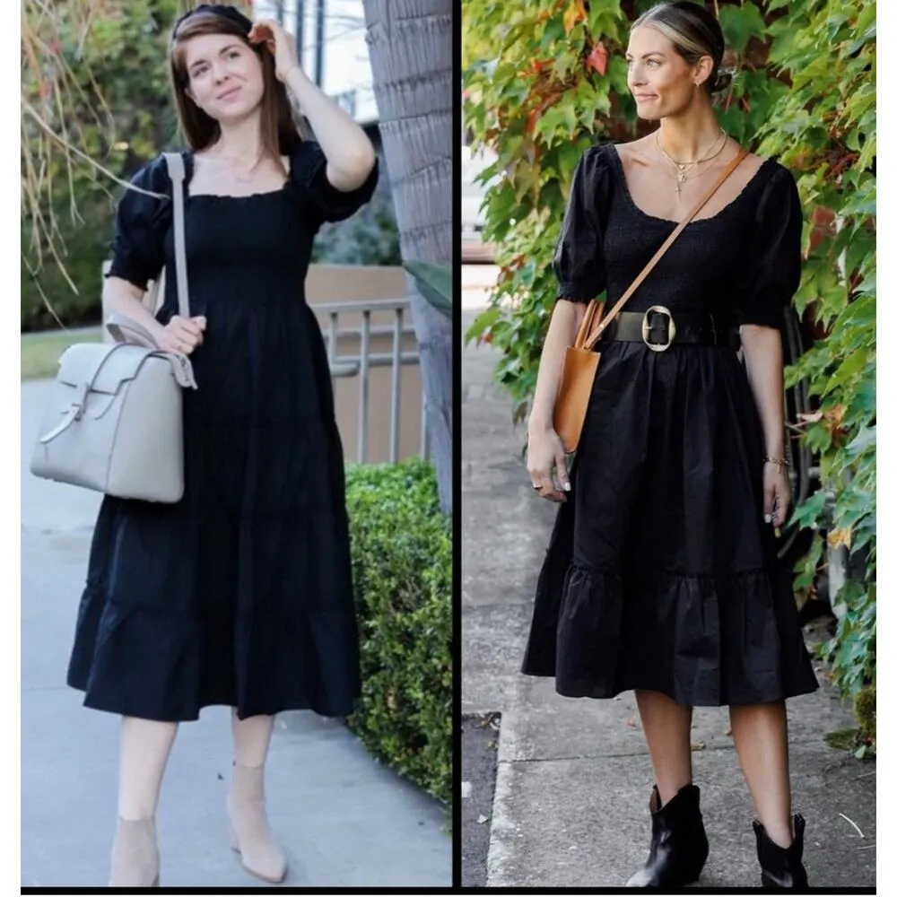 Hill House Nesli Nap Dress Size Extra Small NWT Black Smocked Midi Tiered A - Image 2