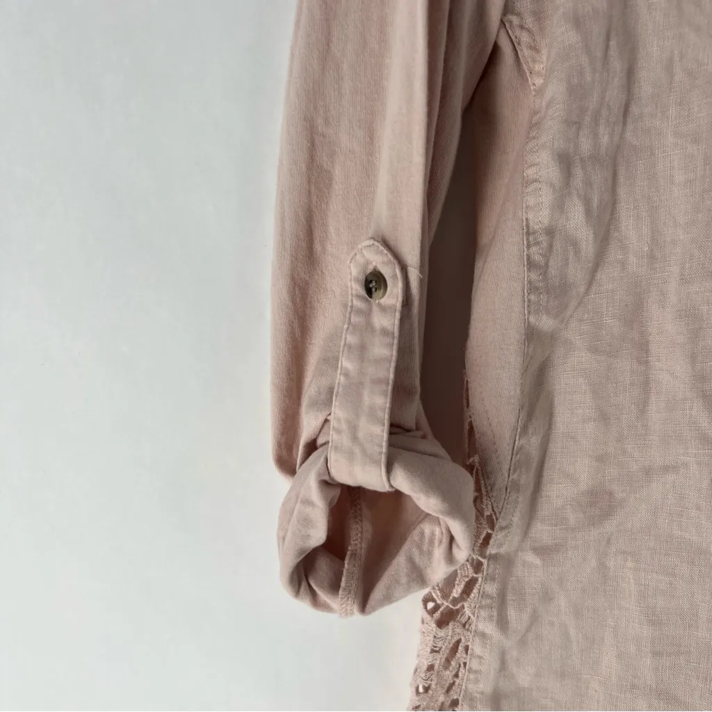 Soft Surroundings Blush Linen Button Down See Through Lace Back‎ High Low Shirt - Image 3