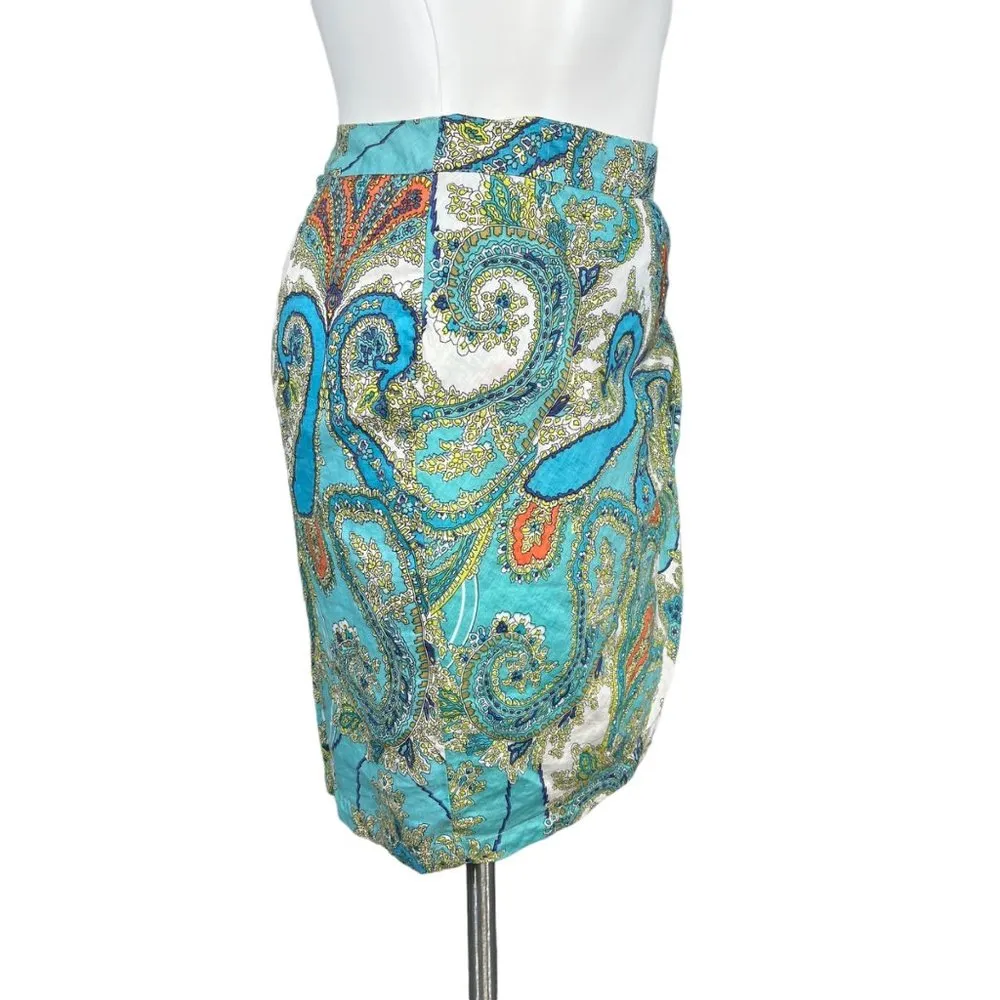 Sunny Leigh  Womens Paisley Print Tulip Hem Pleated Linen Skirt Teal Size 10 EUC - Image 3