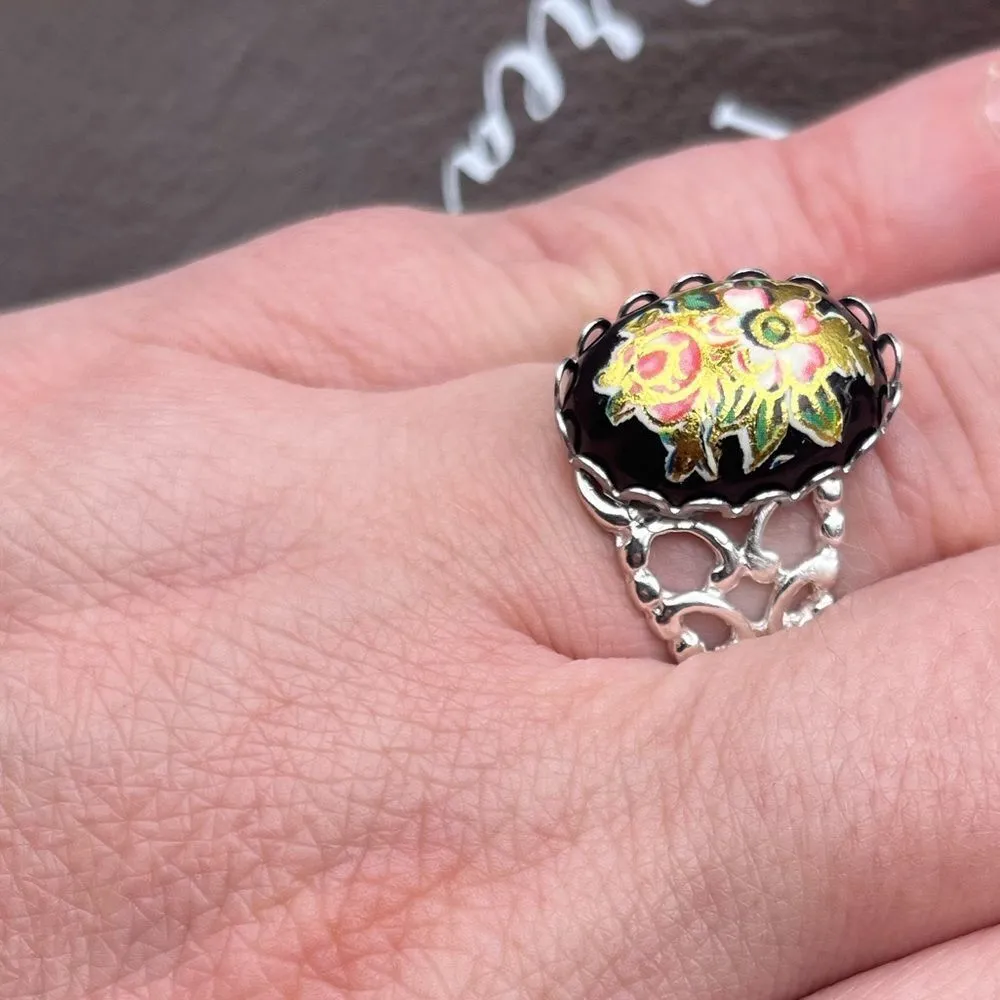 Vintage Floral Glass Cameo Ring | Adjustable Stainless Steel | Holiday Gift Black - Image 14