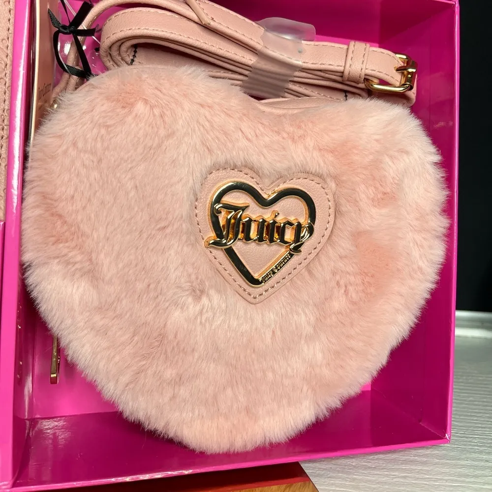 Juicy Couture Heart Faux Fur Crossbody Bag Taffy Pink with Card Case & Box NWT - Image 2