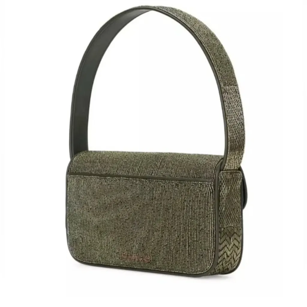 STAUD Tommy bag moss olive green beaded shoulder purse embroidered metallic NYE - Image 16