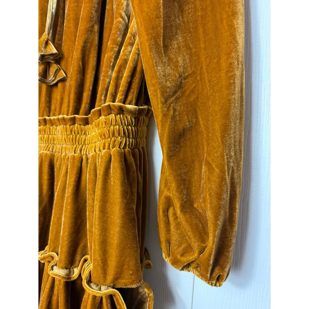 Storia Golden Yellow Velvet Ruffle Boho Tassel Long Sleeve Mini Dress M - Image 6