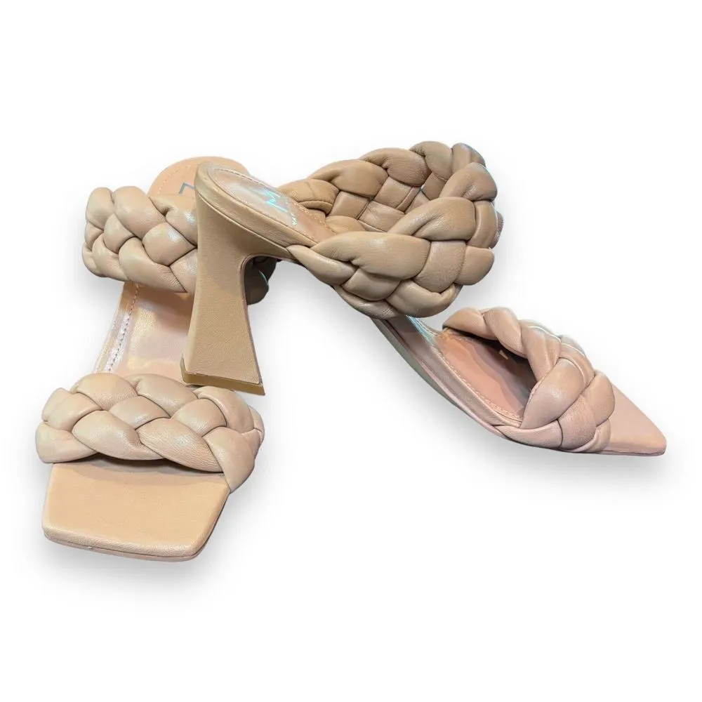 Marc Fisher Womens Hammy Heeled Sandal 8.5M Leather Chunky Woven Straps Beige - Image 6