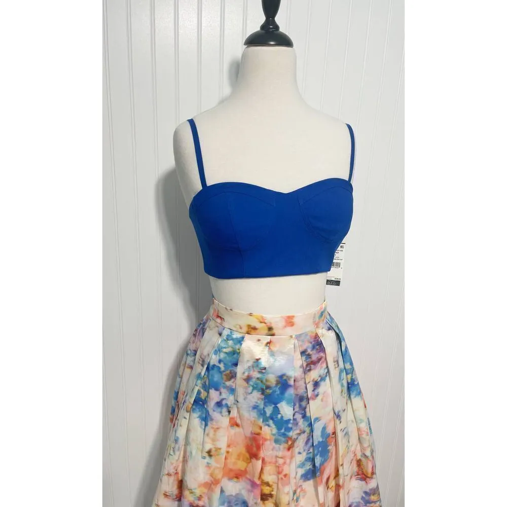 Aqua Bustier Crop Top Pleated Skirt Cutout Mini‎ Dress Marble Print Blue White 6 - Image 5