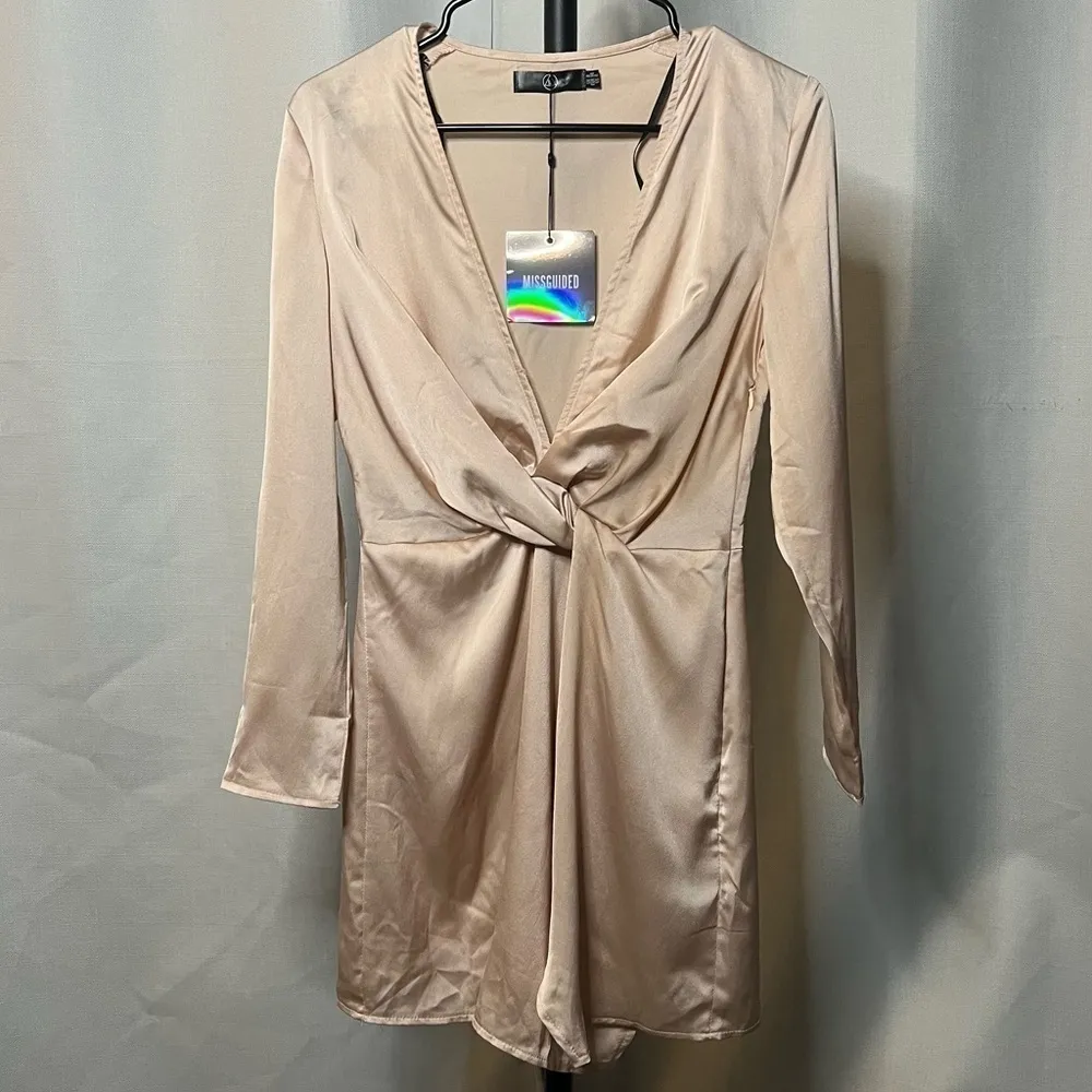 Missguided Petite Plunge Twist Front Shift Metallic Champagne Dress 4 - Image 3