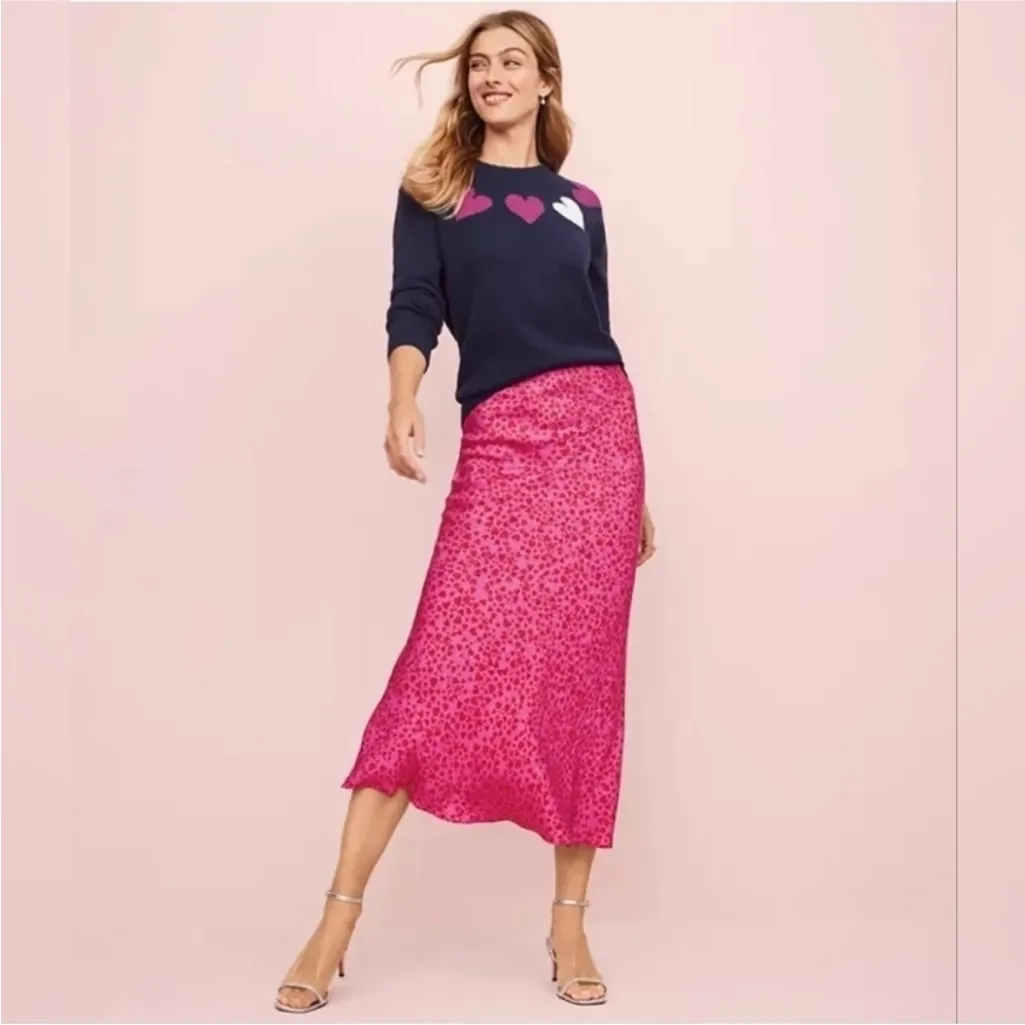 LOFT Heart Jacquard Bias Pink Midi Satin Skirt Sz Small - Image 3