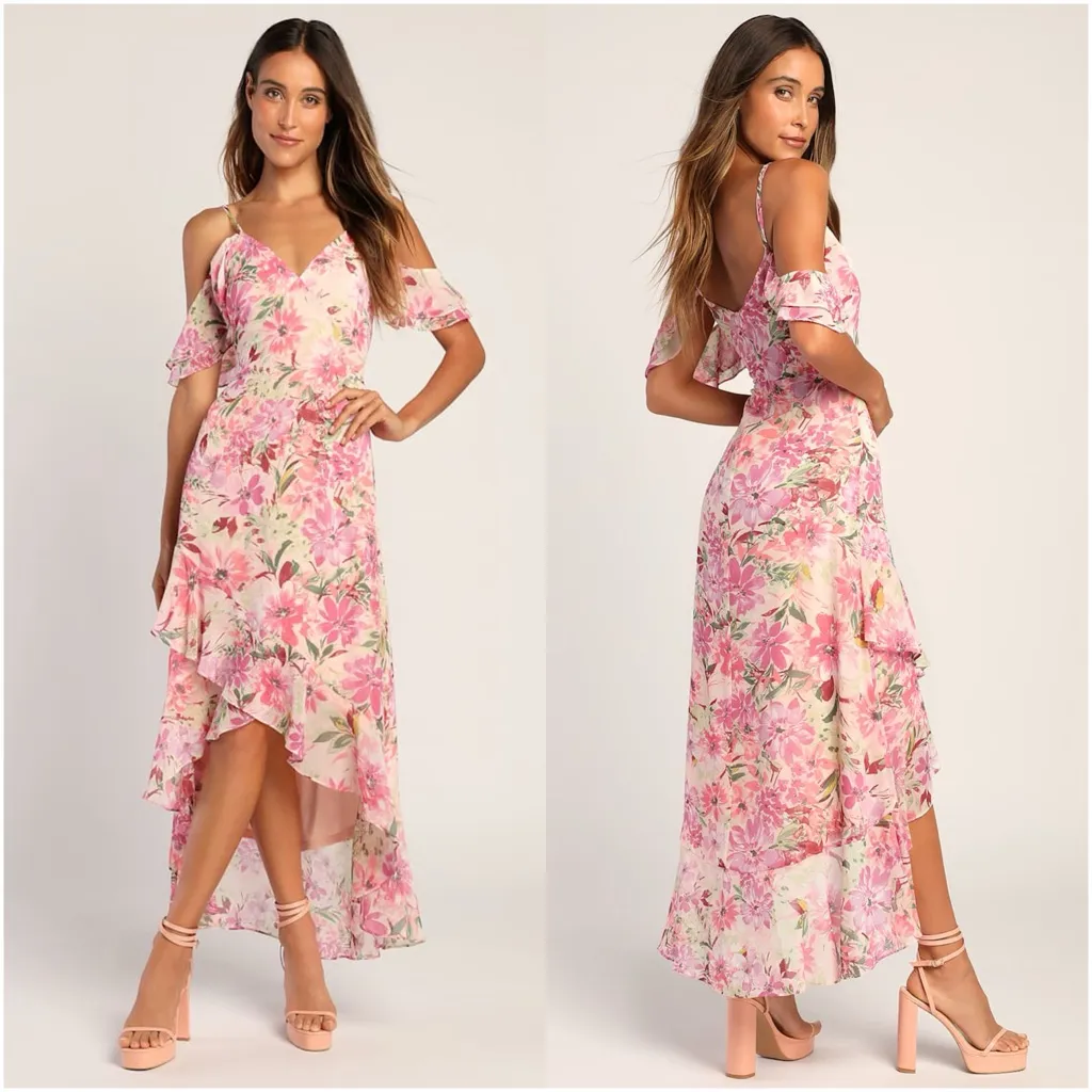 LULU’S Watch Me Grow Pink Floral Print Cold Shoulder High Low Dress - Image 2
