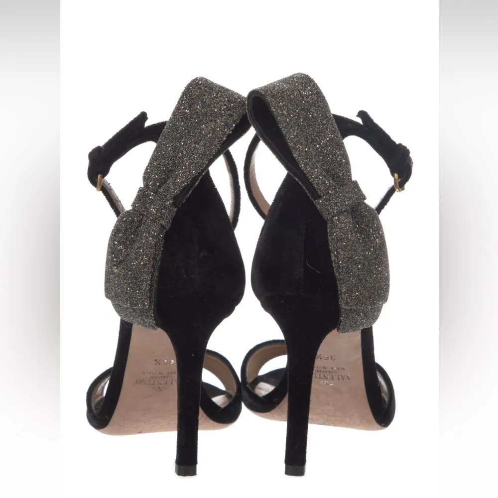Valentino Garavani Black Velvet Sparkle Bow Strappy Heeled Sandal - Image 4