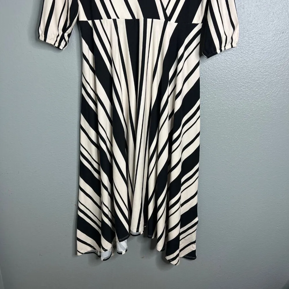 NWOT Soft Surroundings V-Neck Stripe‎ Midi Dress Asymmetrical Hem Puff Sleeve PM - Image 3
