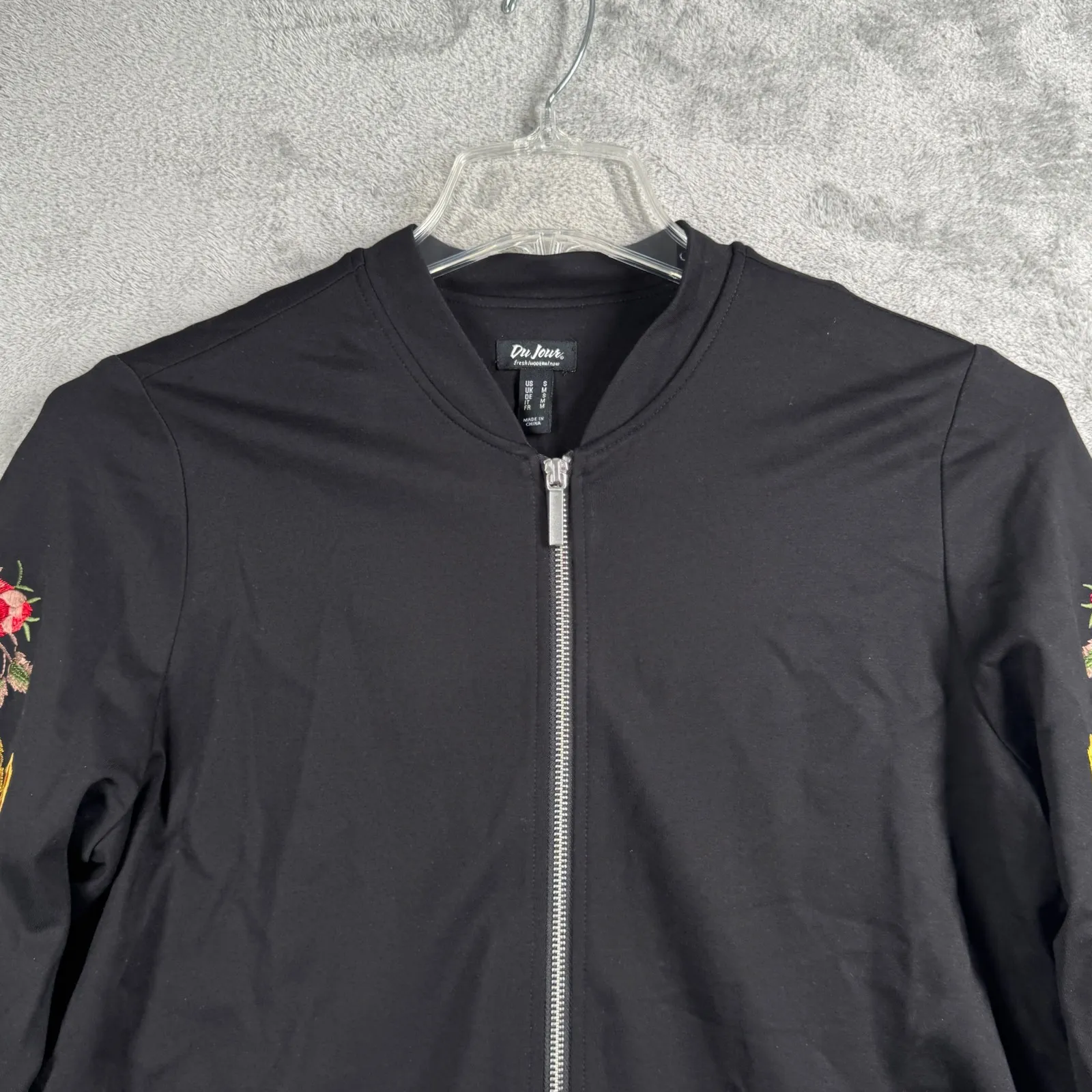 Du Jour Embroidered Bomber Jacket Womens S Black Floral Boho Festival Streetwear - Image 5