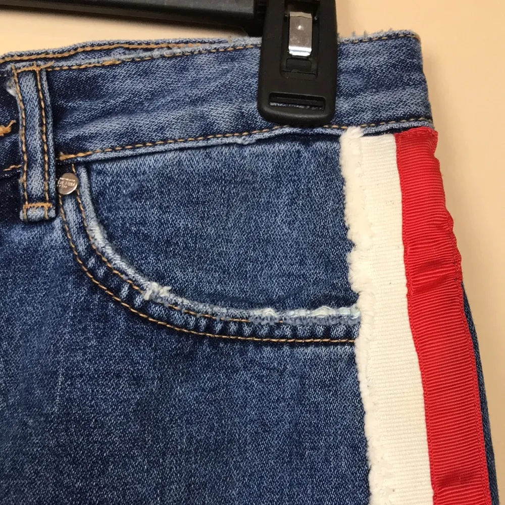 Zara TRF Women’s Blue Denim Jean Ribbon Striped Red Ivory Distressed Mini Skirt - Image 4