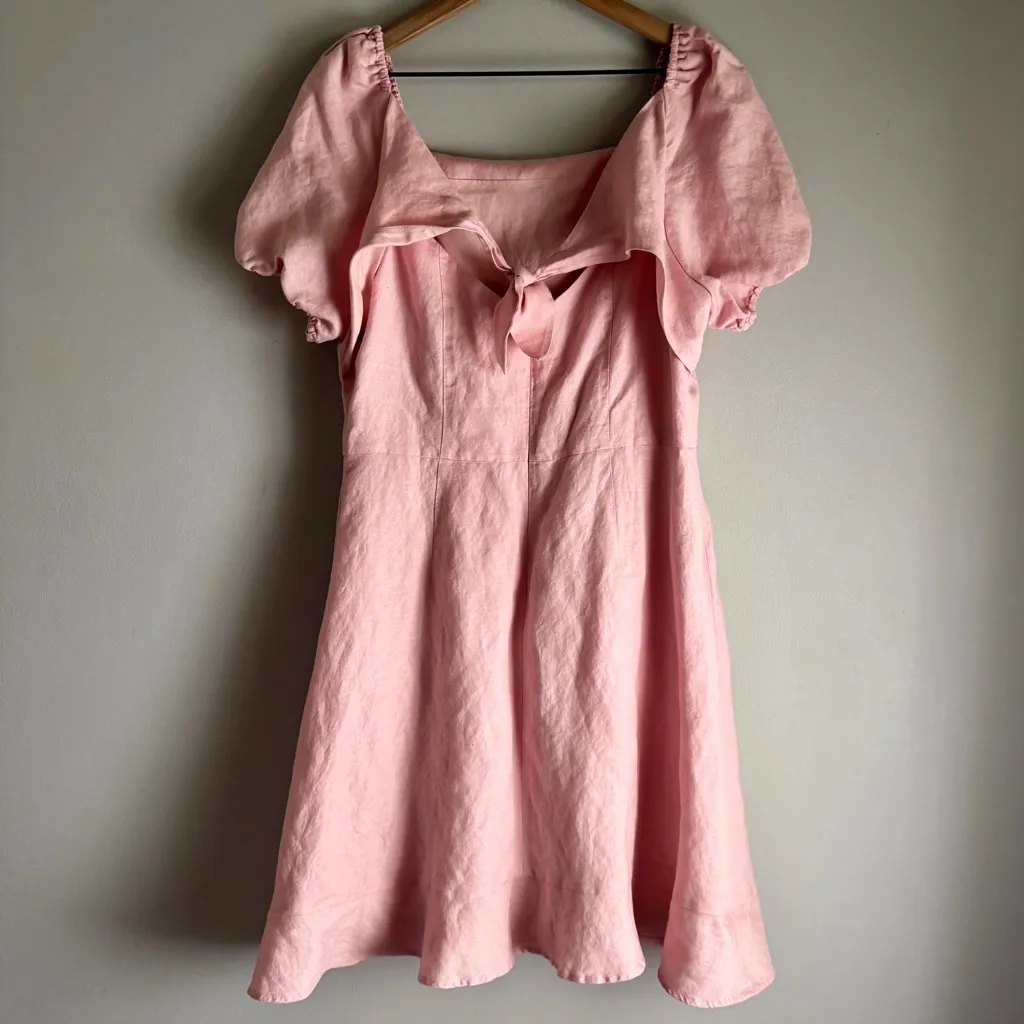 Loft Short Puff Sleeve Square Neck Pink Linen Blend Dress Tie Back Size 10 - Image 5