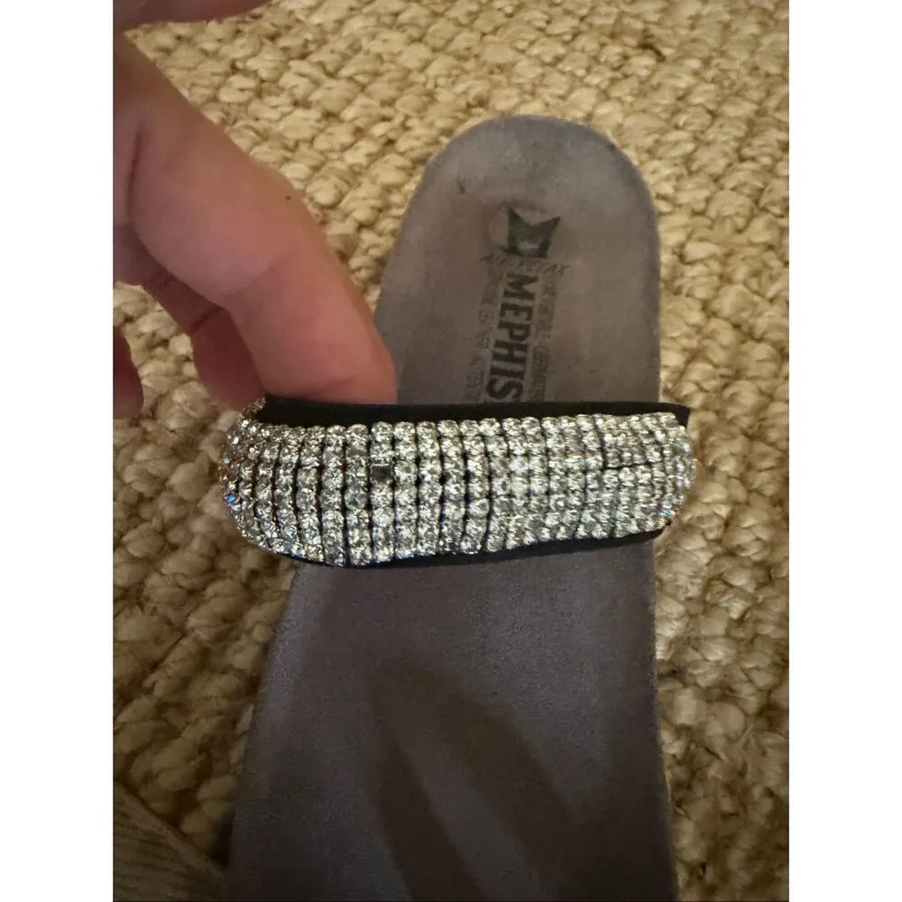 Mephisto Helen Spark Sandals 38 Black Rhinestone Cork Wedge Comfort Slides Size 7.5 - Image 8